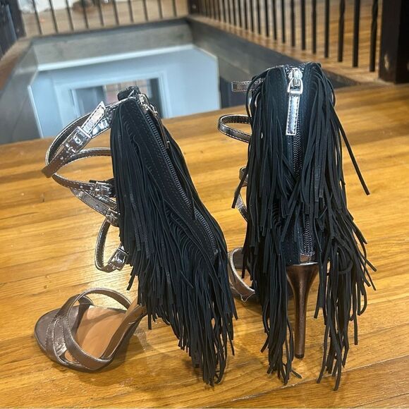 Nasty Gal String Your Heart Out Fringe Tassel Pewter Silver Stiletto Heels - Picture 6 of 9